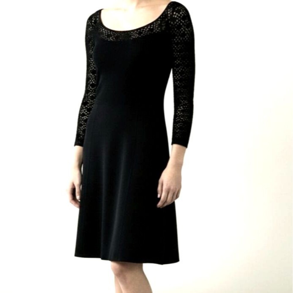 Rare Find 1970 Vintage Black Knit St.John Knits Fitted Flare Crochet Dress